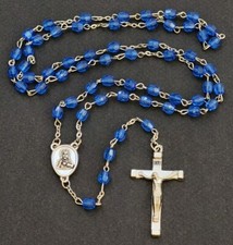 CHAPELET vintage PERLES BLEUES A FACETTES Croix Vierge Coeur Sacré Jésus Marie
