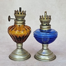 Paire lampes à huile vintage verre ambré et bleu - décoration rustique