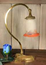 Antique Art Nouveau French Bronze Table Lamp Pate de Verre Glass Shade c1920