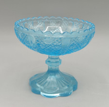 Ancienne coupe sur pied en verre bleu pressé moulé