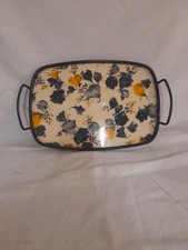 Ancien Plateaux Décors Fleurs Noir Métal Et Formica Vintage France 