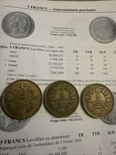 Lot de 3 pièces françaises 5 Francs Lavrillier 1940, 1945 et 1946 C