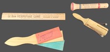 Lot de 4 objets publicitaires en bois jouet enfant 1900 claquette sifflet règle