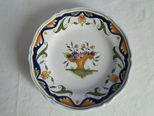 Ancienne Assiette Décor Rouen Fait Main - Panier fleuri.