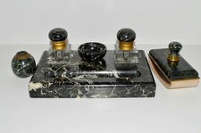 -ENCRIER de BUREAU XIX MARBRE VERT CRISTAL avec BUVARD ESSUIE PLUME PORTE EPONGE