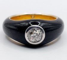 Bague jonc or 18k émail noir diamant taille ancienne 0,45 carat (circa 1920)