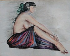 Joli Dessin Aux Pastels Nue Féminin / Femme Au Sarong Art Académique Érotique