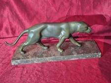 Sculpture Panthère Art Déco en régule Sur Marbre patiné Verte 1930
