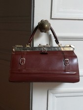 Sac médecin ancien, sac diligence en cuir marron 