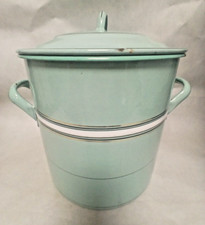 Ancien pot au feu marmite faitout émaillé vert d'eau décor noir blanc et doré