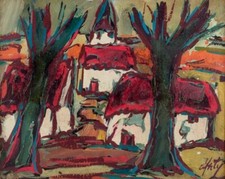 Henry Maurice D'Anty. Huile à bord. Église dans un paysage, ca 1960