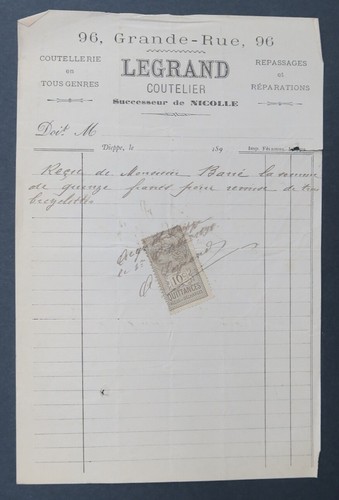 Facture 1890 coutelier - facture,