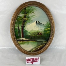 ➜TABLEAU OVALE peinture à l'huile paysage de montagne/montagnard forêt rural lac