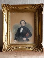 Tableau dessin peinture ancienne XIX siècle 1841 portrait homme cadre à palmette