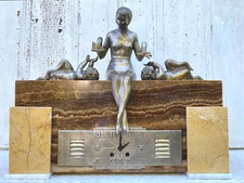 RARE PENDULE GEORGE LAVROFF BRONZE ARGENTE MARBRE ONYX ART DECO SIGNEE LAVROV