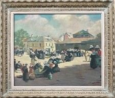 MAURICE MENARDEAU TABLEAU PEINTURE SCÈNE DE MARCHÉ EN BRETAGNE BIGOUDENES 65X54