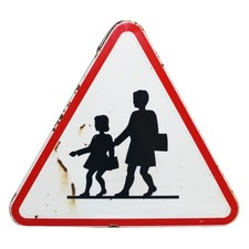 Panneau de signalisation vintage Attention École en tôle émaillée de 1974