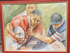 Peinture signée originale Aquarelle RUGBY FRANCE TONGA MAILLOT BENAZZI 54 X50 cm