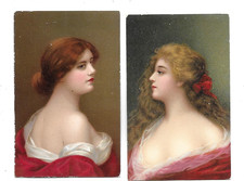 2 CPA carte postale ancienne portrait  de belles femmes au décolleté