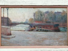 Peinture RENÉ DEYDIER? huile sur panneau PARIS bord de seyne péniche ? Oil 