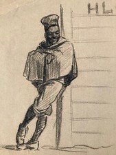 Très Beau Dessin Tirailleur Sénégalais Sur Papier Portrait Fusain Homme 1918