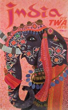 Original TWA Poster, Klein, India, Elephant sacred animal, Plane, Tourism, 1960