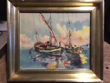 Tableau Aquarelle Marine impressionniste vintage bateaux pécheurs voilier signée