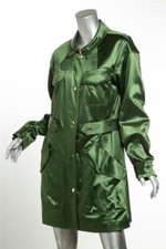JASON WU Womens Shiny Green Satin Gold Button Cargo Pocket Belted Coat Jacket M