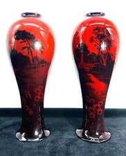 VINTAGE 1901 1922 ROYAL DOULTON RED FLAMBE 1809 VASE ENGLISH LANDSCAPE COTTAGE