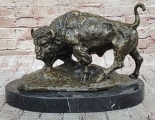 Américain Buffalo Bison Western Œuvre Bronze Marbre Statue Sculpture Art Affaire