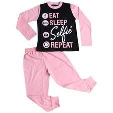 Enfants Pyjama Fille Eat Sleep Selfie Répéter Rose Bébé Salon Vêtement 2-13 Ans