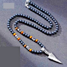 Collier Homme 64cm de perles Oeil de tigre, Hématite, Agate mate (Cordon acier)