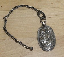 Porte Clé Ancien Argent Massif Médaille Religieuse Saint Christophe Vintage