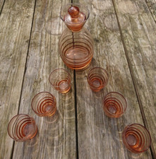 Vintage Service à Liqueur ancien verre rosé ambré carafe et 6 verres Art Déco