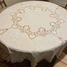 linge ancien Nappe Ronde 160 cm Coton Dentelle Très Travaillée + 8 Serviettes