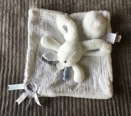 Doudou lapin blanc bleu happy - bleu,
