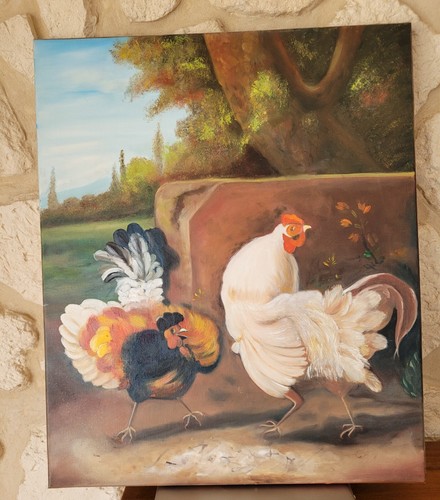 Tableau peinture coq poule - coq, et