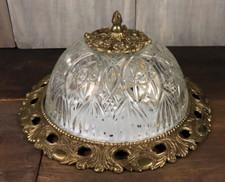Antique French Hollywood Regency Crystal Bowl Flush Mount Ceiling Lamp Gilt 1950