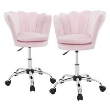 2x Fauteuil de bureau salon en velours à roulettes rose clair hauteur réglable