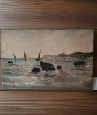 Huile sur toile  anonyme "Menton Garavan"  marine aux voiliers à restaurer