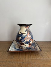 Ancien Vase Pot et Coupelle Carré Jaspé Bleu Orangé Jaune Émaillé Vintage