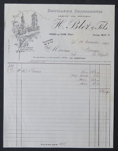 Facture mehun sur evre 1942 - sur,