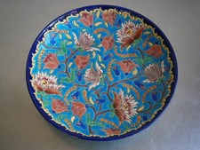 Compotier Plat creux Emaux Longwy Bleu décor Floral Céramique Ancien