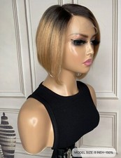 Perruque Indétectable Blonde Foncé Wig Courte Cheveux Lisses 100% Humain +Cadeau