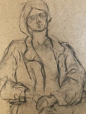 Beau Dessin Peinture Fusain femme Portrait A Identifier 1970 Expressionniste Art