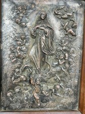 Bénitier XIX EME Bois & Métal Argenté Vierge & Amours & Anges 19 th