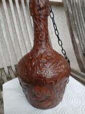 BOUTEILLE à COGNAC Vintage recouverte de CUIR Décor Gravé , VIDE - bar, bistrot