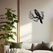 Art mural en métal représentant un corbeau sur une branche d'arbre, décoration