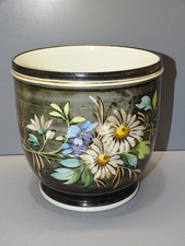 -JOLI CACHE POT NIII XIXe FLEURS MARGUERITES SUR FOND NOIR COLLECTION DECO   D