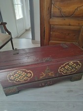 GRAND COFFRE DE MARIAGE BOIS PEINT Fin XVIIIe/XIXe ancienne malle de Voyage 